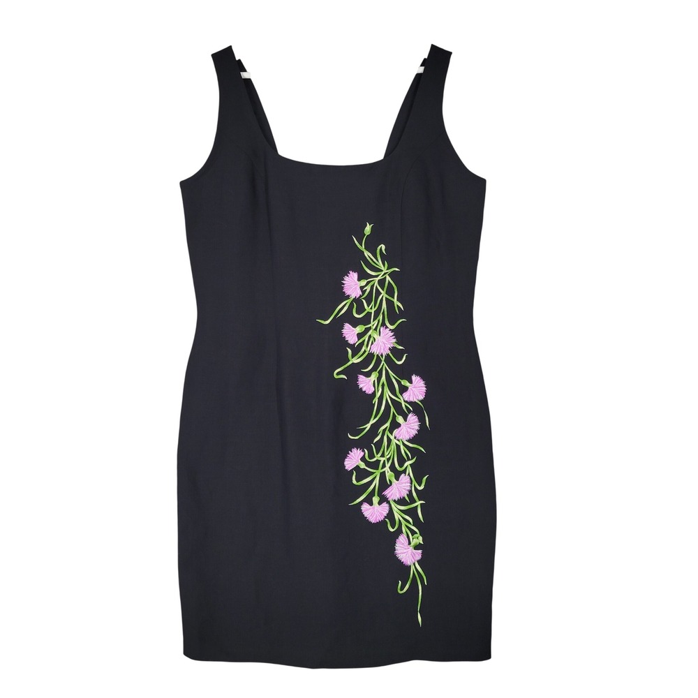 Blushe by Spiegel Sheath Dress Women 14 Black Floral Embroidered Linen Blend